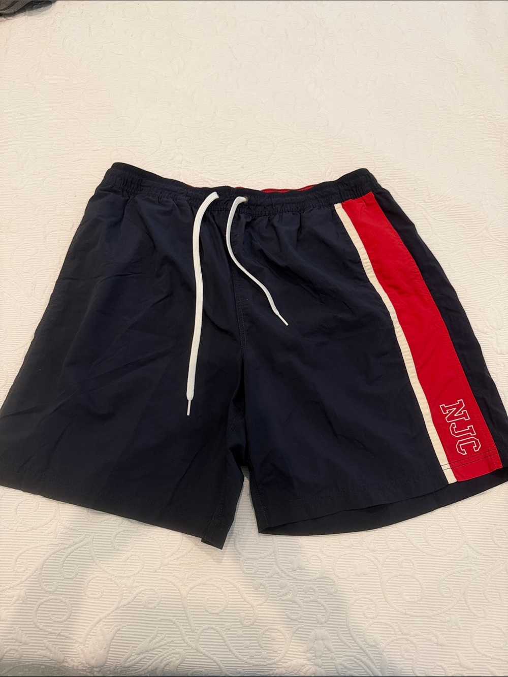 Nautica Navy Swim Trunks with Red & White Side Stripe